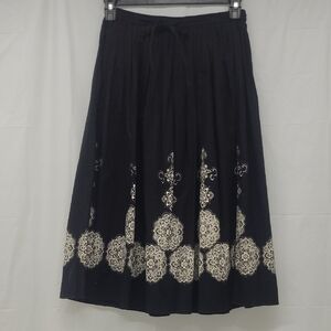 A-Line Skirt Calf Length Black Cream Mandella Print Boho Elastic Waist Pull On